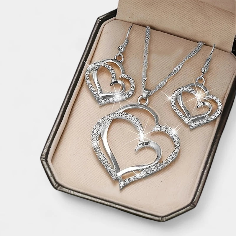 Virelle-Virelle | Dames Sieradenset – 3-Delige Set met Dubbele Hartvorm, Glanzende Zirkonia Details