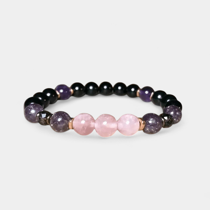 Virelle-Virelle | Damesarmband – Edelsteenkralen 8 mm rozekwarts, obsidiaan, amethist