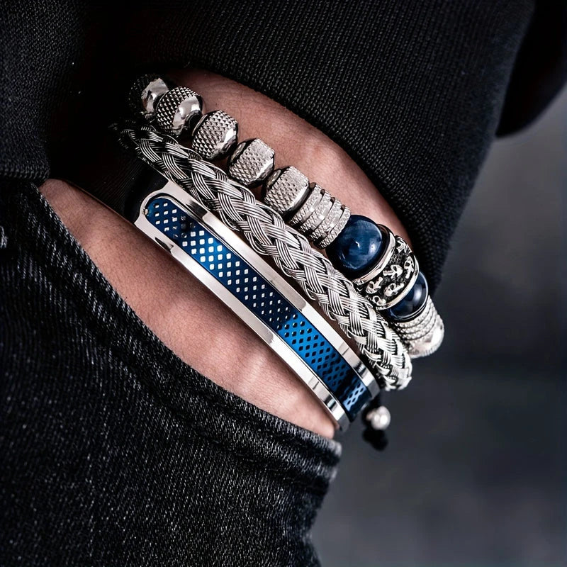 Virelle-Virelle | Heren Armband – Roestvrij staal, Vintage ontwerp, Tijgeroog kralen, Set van drie
