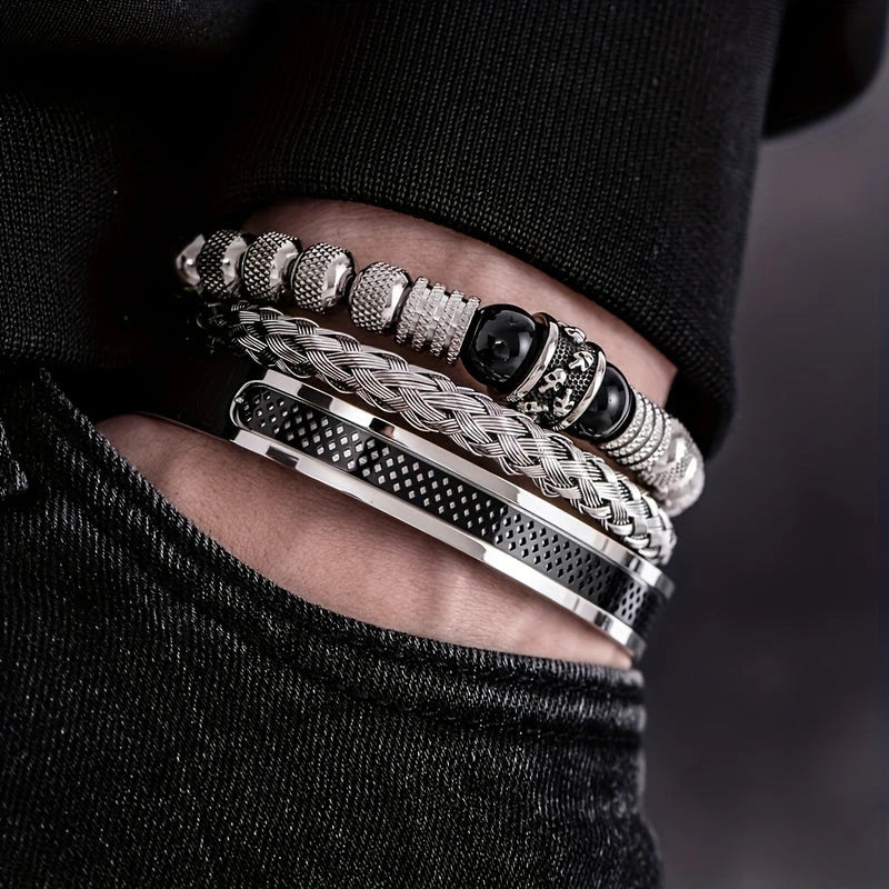 Virelle-Virelle | Heren Armband – Roestvrij staal, Vintage ontwerp, Tijgeroog kralen, Set van drie