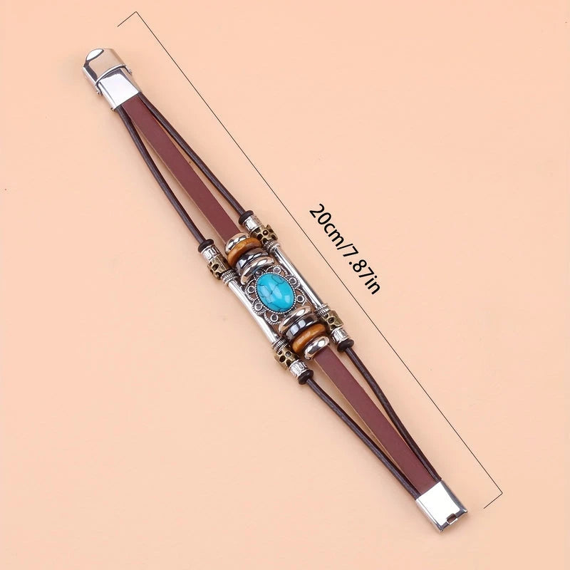 Virelle-Virelle | Unisex Armband – Vintage PU Leer met Turkoois Kraal, Roestvrijstalen Gespsluiting
