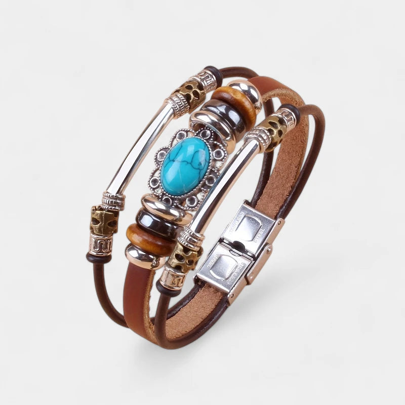 Virelle-Virelle | Unisex Armband – Vintage PU Leer met Turkoois Kraal, Roestvrijstalen Gespsluiting