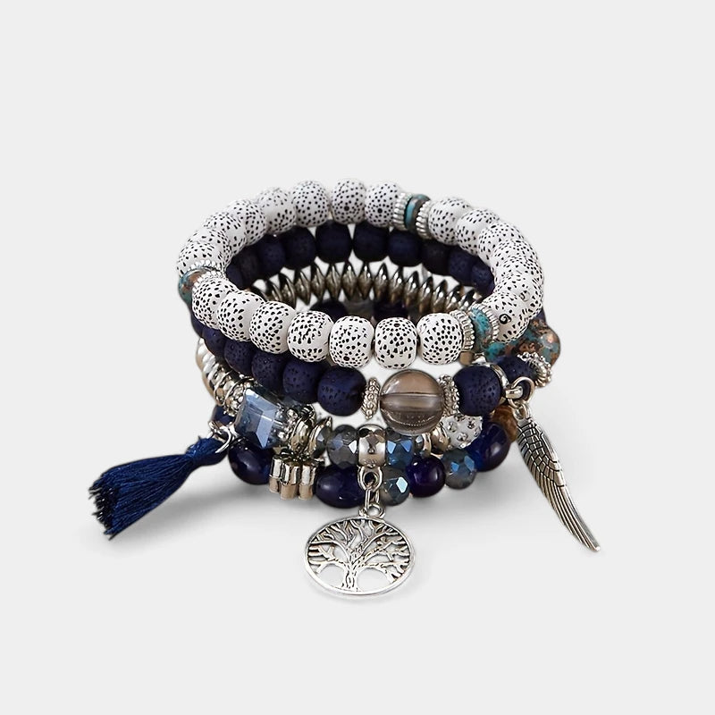 Virelle-Virelle | Unisex Armbanden Set – Boheemse Levensboom & Veer Hanger, Handgemaakt, Boho Stijl