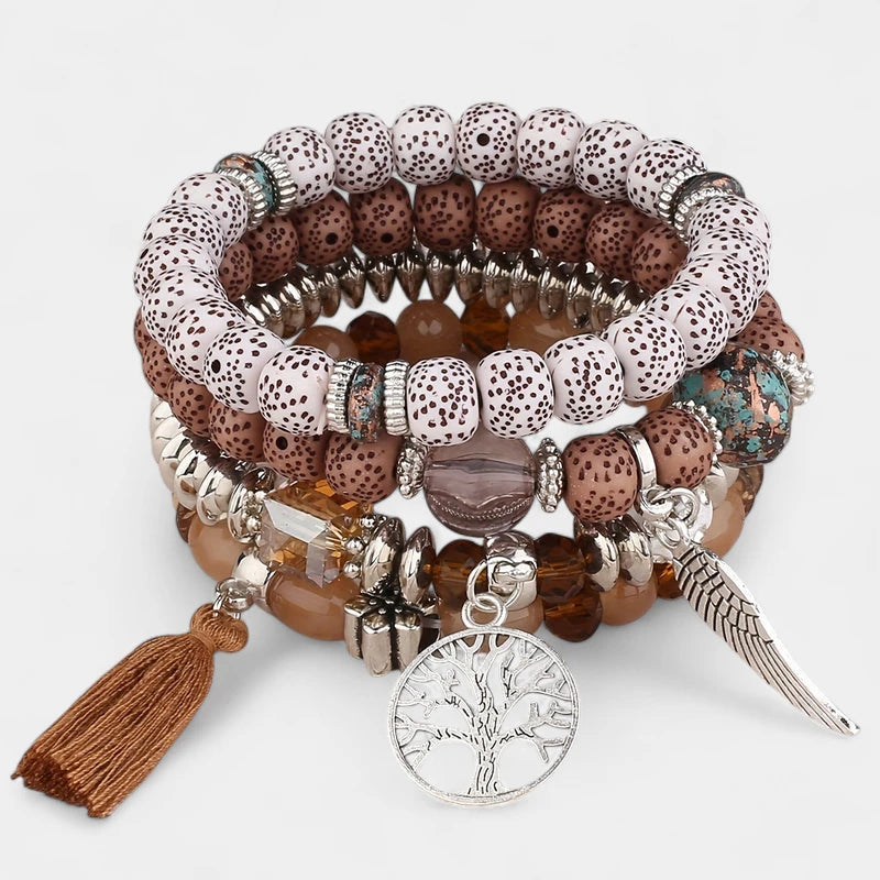 Virelle-Virelle | Unisex Armbanden Set – Boheemse Levensboom & Veer Hanger, Handgemaakt, Boho Stijl
