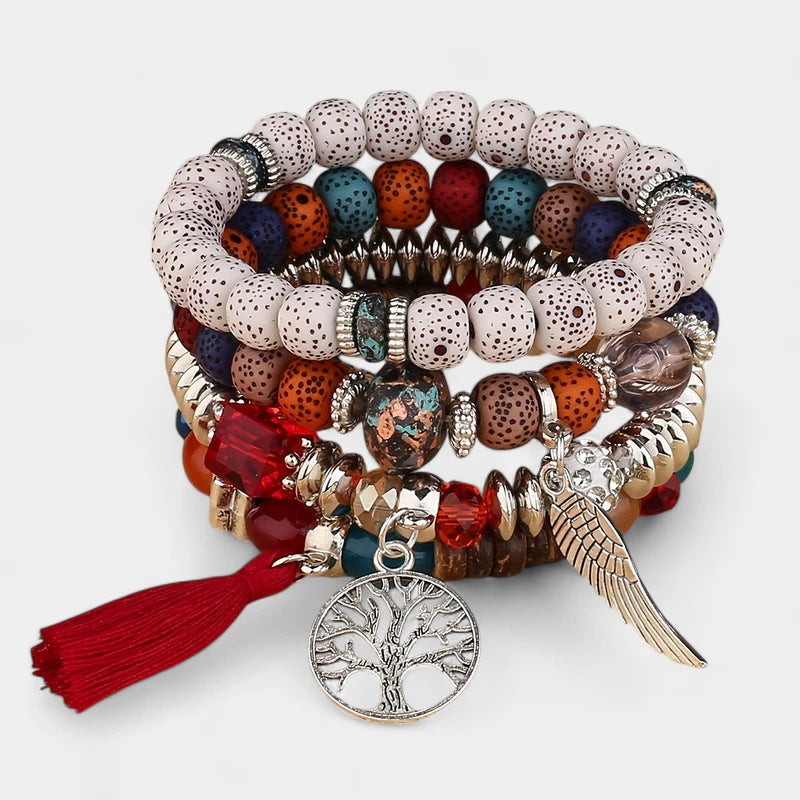 Virelle-Virelle | Unisex Armbanden Set – Boheemse Levensboom & Veer Hanger, Handgemaakt, Boho Stijl