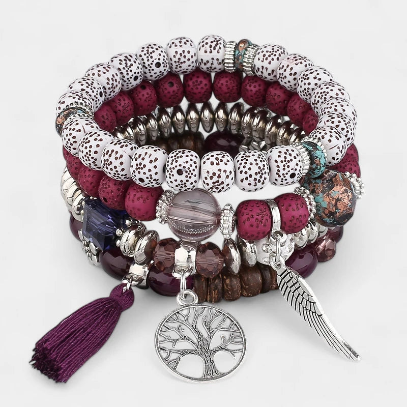 Virelle-Virelle | Unisex Armbanden Set – Boheemse Levensboom & Veer Hanger, Handgemaakt, Boho Stijl